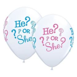Balon QL 11" z nadr. "He? or She?", biały 6 szt.