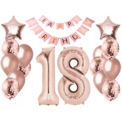 balony, balony na hel, dekoracje balonowe, balony Łódź, balony z nadrukiem, Zestaw Balony i Baner na 18 Urodziny Rose Gold