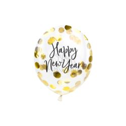 Balony z konfetti - Happy New Year, 27cm, złoty