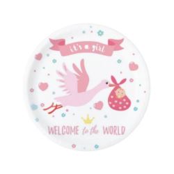 Papierowy talerz 18 cm Baby Shower Bocian różowy