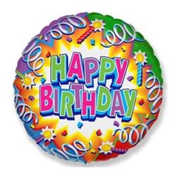 Balon, foliowy 18" FX- "Happy Birthday"(serpentyny
