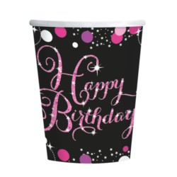 Kubki Happy Birthday różowo-czarne 250 ml / 8szt.