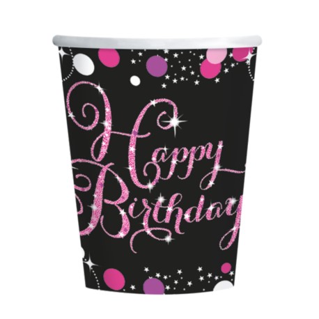 Kubki Happy Birthday różowo-czarne 250 ml / 8szt.