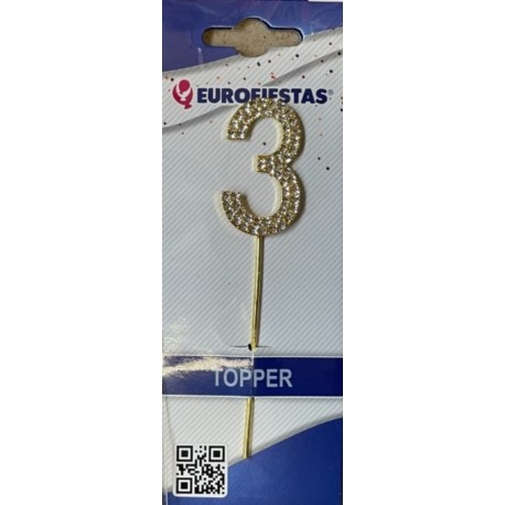 Topper złoty z diamentami "3" 10 cm