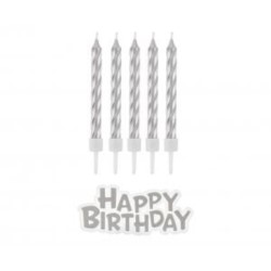 Świeczki B&C urodzinowe Happy Birthday, srebrne