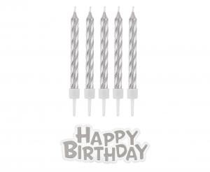 Świeczki B&C urodzinowe Happy Birthday, srebrne Świeczki B&C urodzinowe Happy Birthday, srebrne