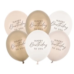Balony 30 cm, Happy Birthday, mix beżowy 6 szt.