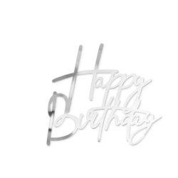 Topper na bok tortu Happy Birthday srebrny