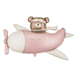 Balon foliowy Miś w Samolocie, 94x61 cm, jasny róż