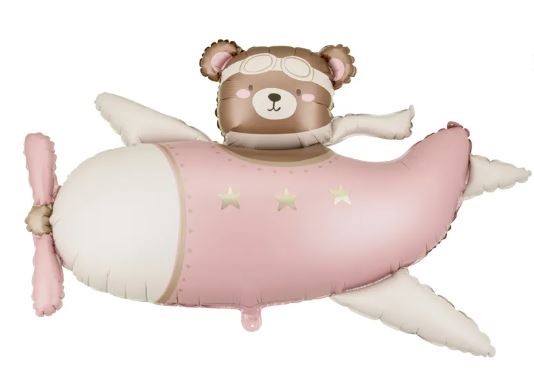 Balon foliowy Miś w Samolocie, 94x61 cm, jasny róż
