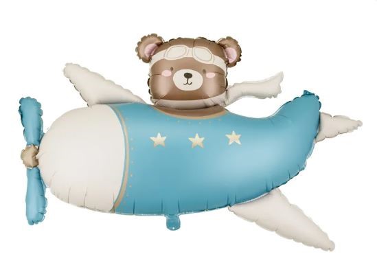 Balon foliowy Miś w Samolocie, 94x61 cm, niebieski