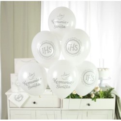 Balony komunijne biało-srebrne 12cali 6szt.