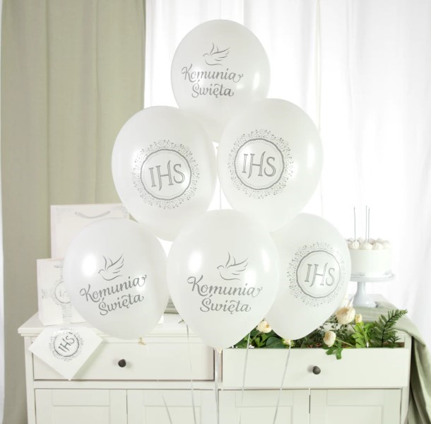 Balony komunijne biało-srebrne 12cali 6szt.