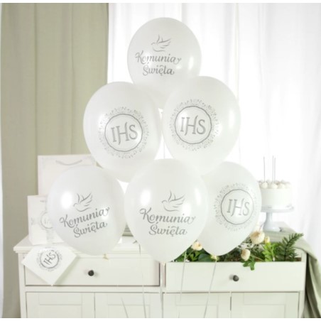 Balony komunijne biało-srebrne 12cali 6szt.