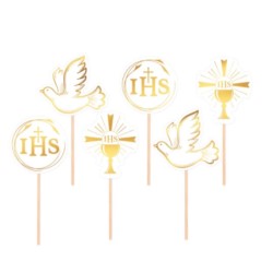 Toppery na tort Komunia biało-złote 6szt. zestaw