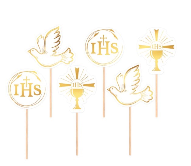 Toppery na tort Komunia biało-złote 6szt. zestaw