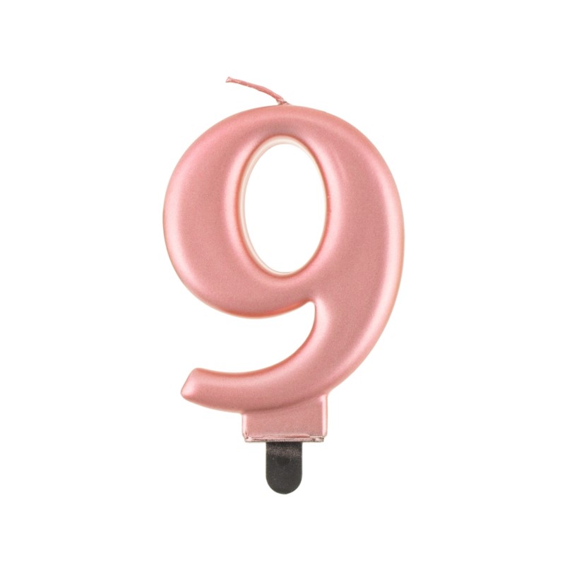 Świeczka cyferka 9, metalik różowo-złota, 8,0 cm