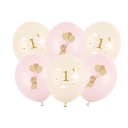 Balony 30 cm, Myszki z cyferką 1, Pale Pink