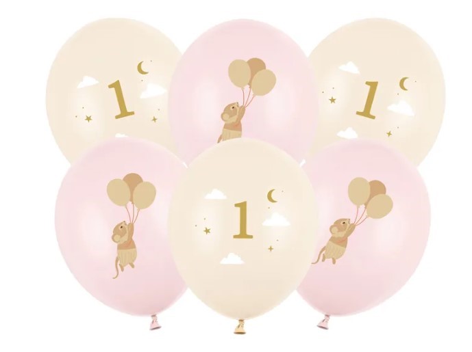 Balony 30 cm, Myszki z cyferką 1, Pale Pink