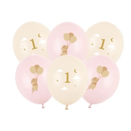 Balony 30 cm, Myszki z cyferką 1, Pale Pink