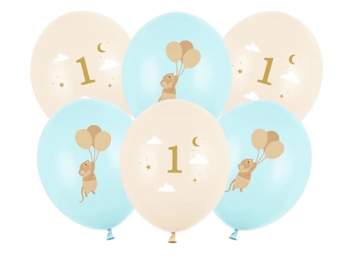 Balony 30 cm, Myszki z cyferką 1, Light Blue