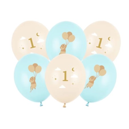 Balony 30 cm, Myszki z cyferką 1, Light Blue