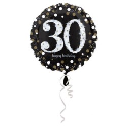 Balon, foliowy "30" złoto,srebrno-czarny 43cm